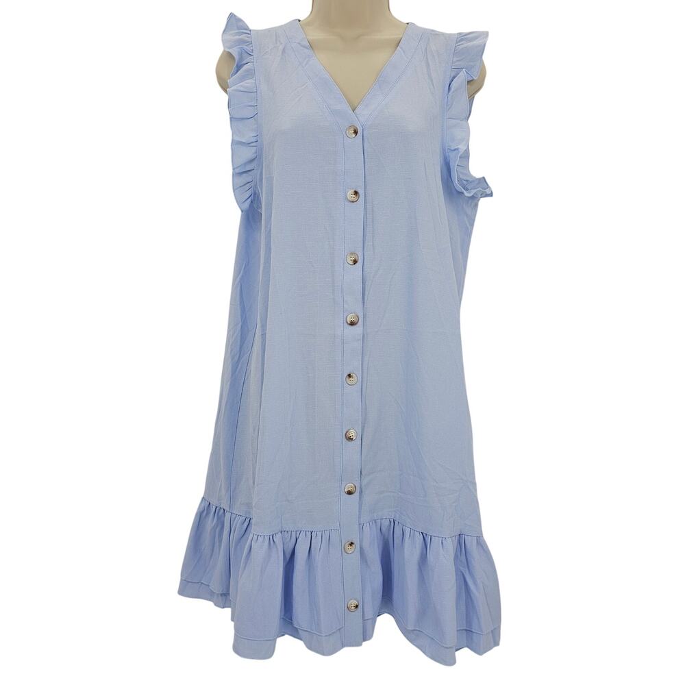 Cupshe Womans size M Blue V-Neck Flutter Sleeve Button front Mini Dress NEW
